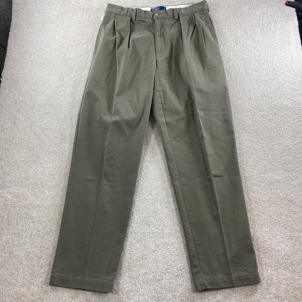Polo Ralph Lauren Andrew Pant Mens 35x32 Olive Green Pleated Cotton Chinos